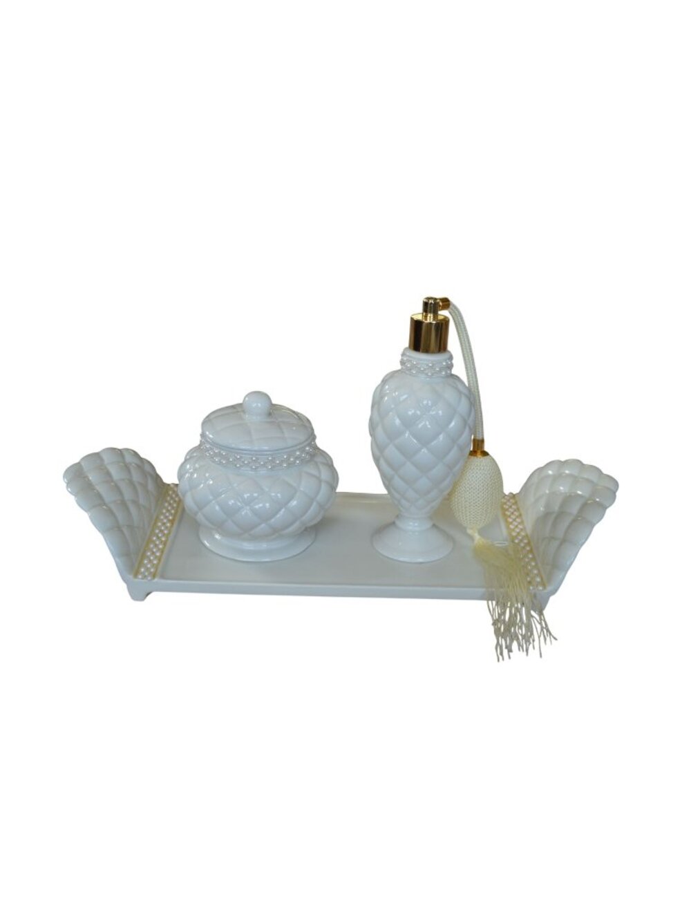 Vintage 1999 Avon Porcelain Vanity 3 Piece Gift Set Quilted Hollywood Regency